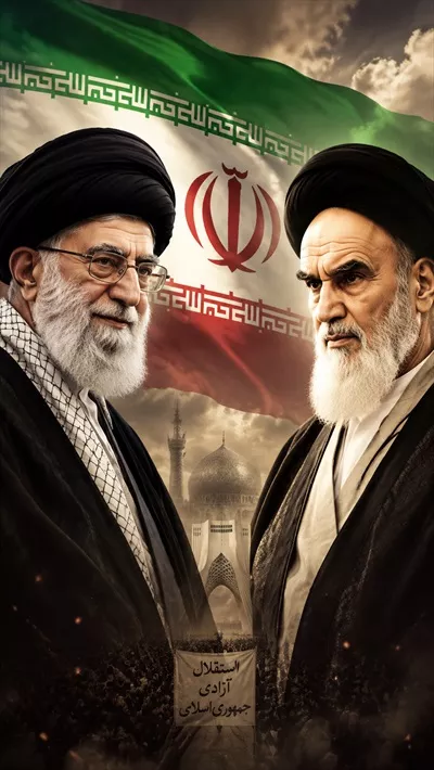 عکس پوستر رهبران انقلاب با پس زمینه دستاوردهای جمهوری اسلامی