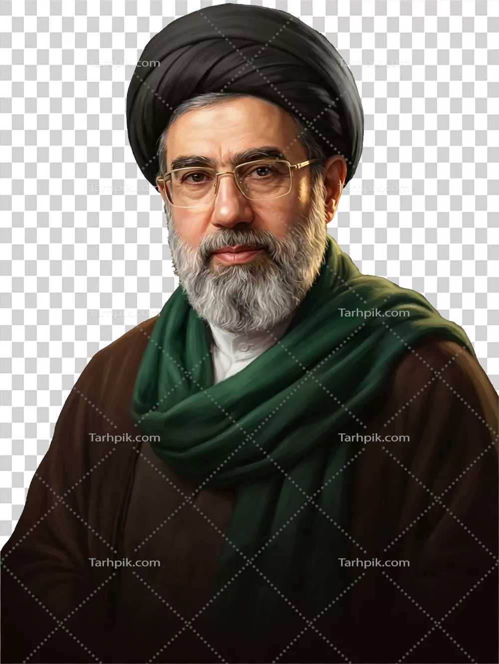 عکس دوربری تصویری از سید مجتبی خامنهای، رهبر ایران با شال سبز