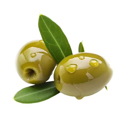 عکس دوربری زیتون های سبز با برگ و قطرات روغن روی پس زمینه شفاف