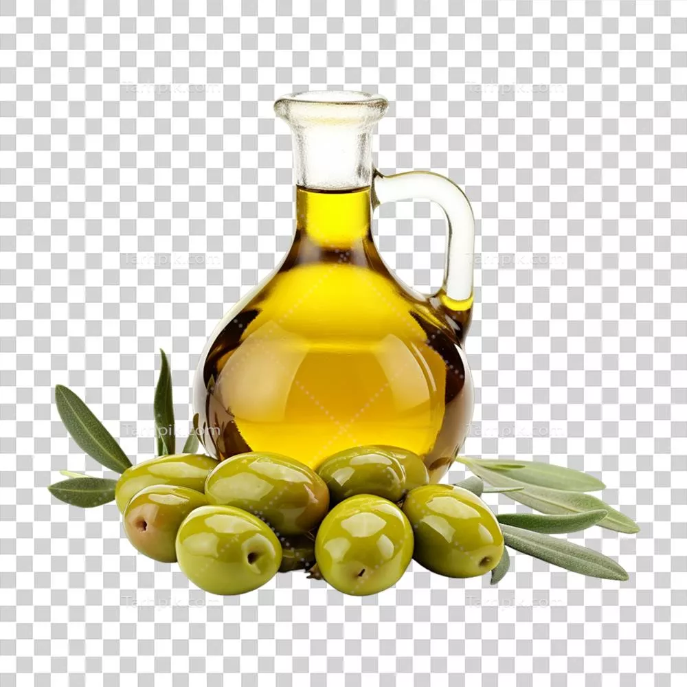 عکس دوربری بطری روغن زیتون با پس‌زمینه شفاف – تصویر سازی هنری دیجیتال