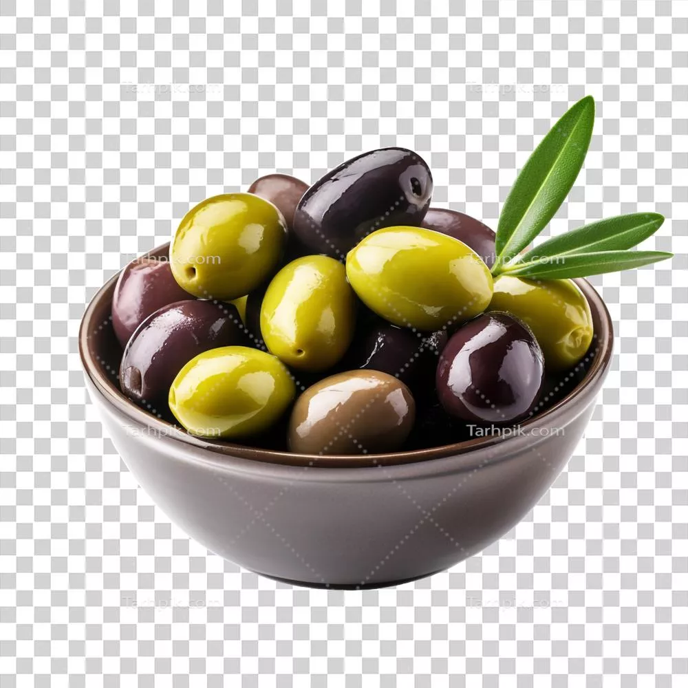 عکس دوربری زیتون تازه با برگها در کاسه - هنر تولید شده با هوش مصنوعی