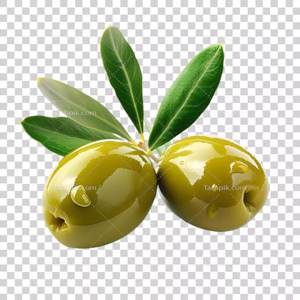 عکس دوربری زیتونهای سبز با برگ و قطرات روغن در پسزمینه شفاف