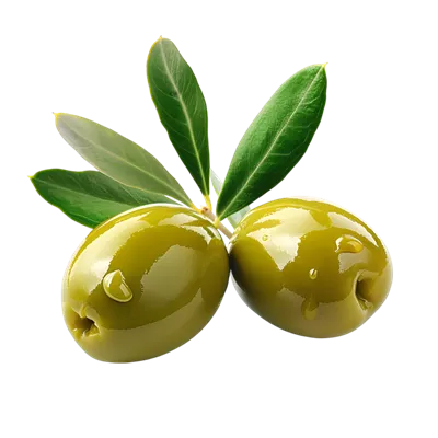 عکس دوربری زیتونهای سبز با برگ و قطرات روغن در پسزمینه شفاف