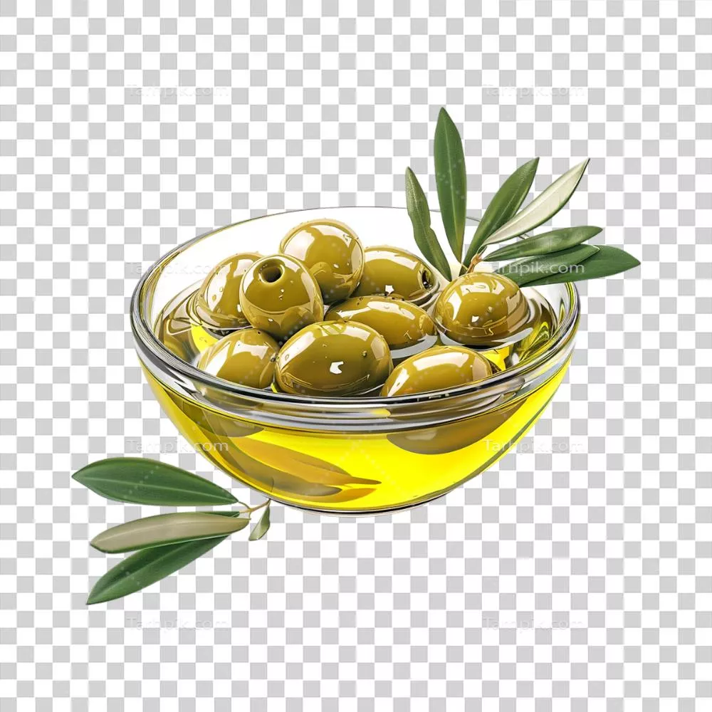 عکس دوربری زیتون های تازه در ظرفی شفاف با پسزمینه شیشهای
