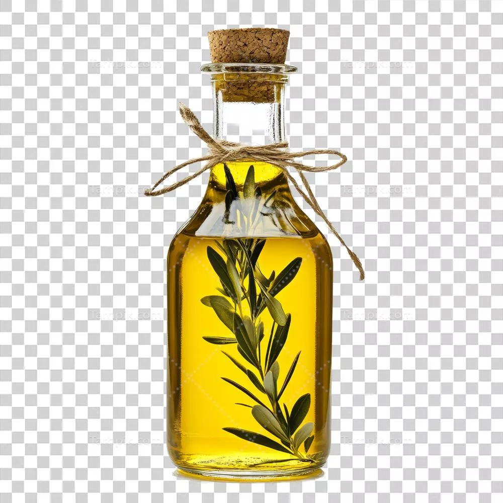 عکس دوربری عناصر طبیعی و طراحی مینیمالیستی در نمایش زیبای روغن زیتون در بطری شیشهای
