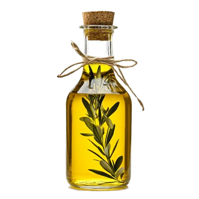 عکس دوربری عناصر طبیعی و طراحی مینیمالیستی در نمایش زیبای روغن زیتون در بطری شیشهای