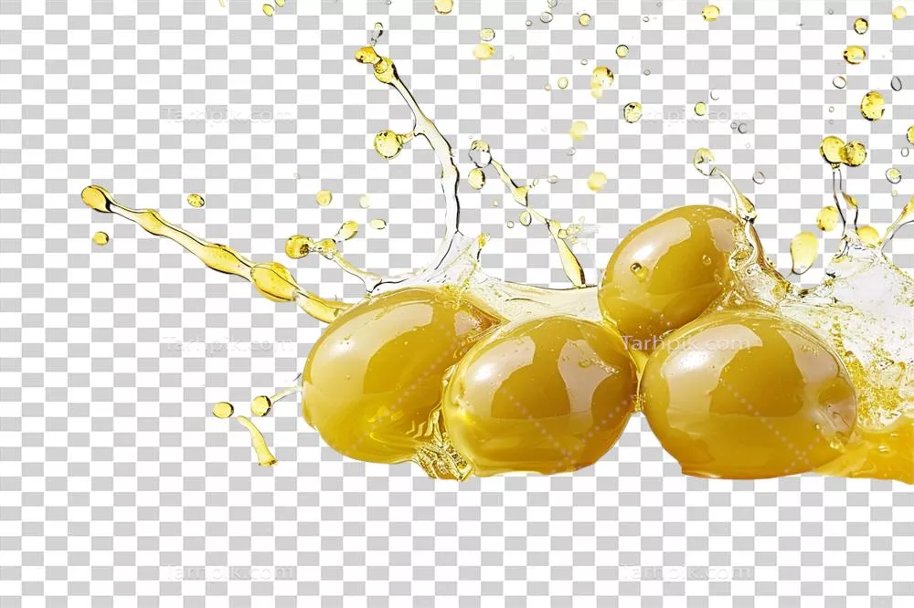 عکس دوربری زیتونهای خوشمزه با ریزش روغن در پسزمینه شفاف و زیبا