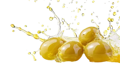 عکس دوربری زیتونهای خوشمزه با ریزش روغن در پسزمینه شفاف و زیبا