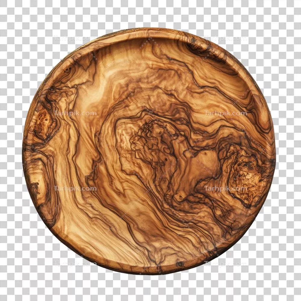 عکس دوربری ظرف چوب زیتون طبیعی با دانهبندی و craftsmanship منحصر به فرد برای سرو غذا و دسر