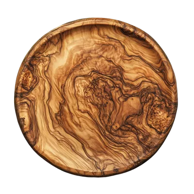 عکس دوربری ظرف چوب زیتون طبیعی با دانهبندی و craftsmanship منحصر به فرد برای سرو غذا و دسر