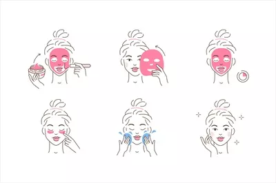وکتور زن زیبا با مراقبت از چهره‌اش و استفاده از ماسک صورت
