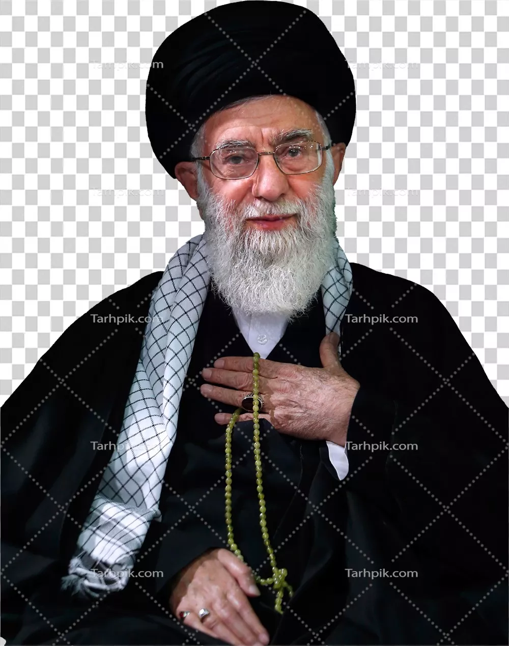 عکس دوربری آیت‌الله سید علی خامنه‌ای در حال عزاداری با تسبیح در دست و بدون پس زمینه