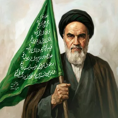 عکس حضرت امام خمینی و پرچم سبز بر دوش