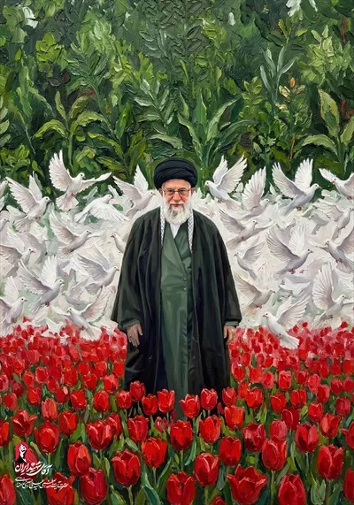عکس پوستر پرتره رهبر ایران شهید با گل های لاله به رنگ پرچم جمهوری اسلامی ایران 