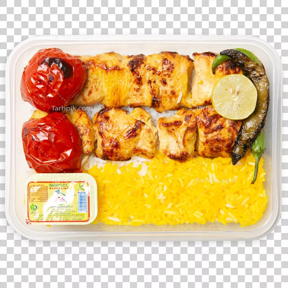 عکس دوربری چلو جوجه با فلفل و گوجه کبابی و کره