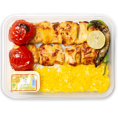عکس دوربری چلو جوجه با فلفل و گوجه کبابی و کره