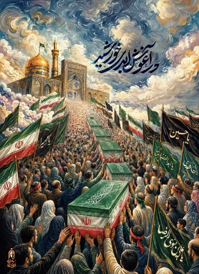 عکس پوستر در آغوش ابدی خوشیدبرای مراسم تشییع آقای شهید