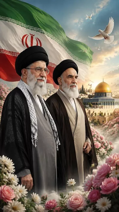 عکس رهبران ایران در بهشت با پرچم ایران و آزادی قدس