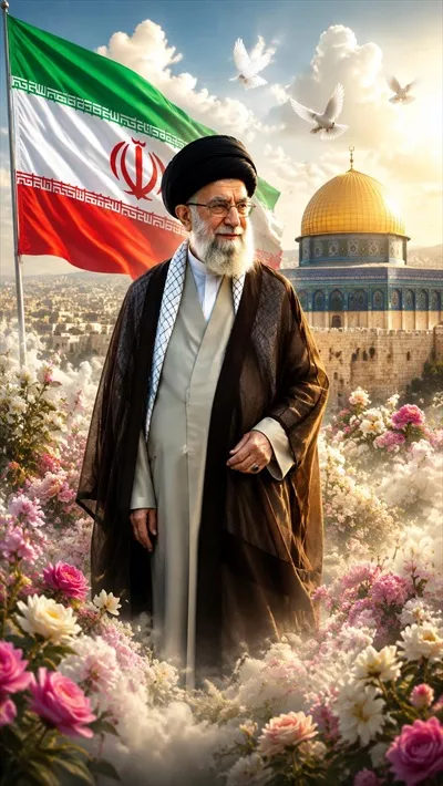 عکس رهبر شهید ایران در گلهای بهشتی با پس زمینه پرچم ایران و آزادی قدس
