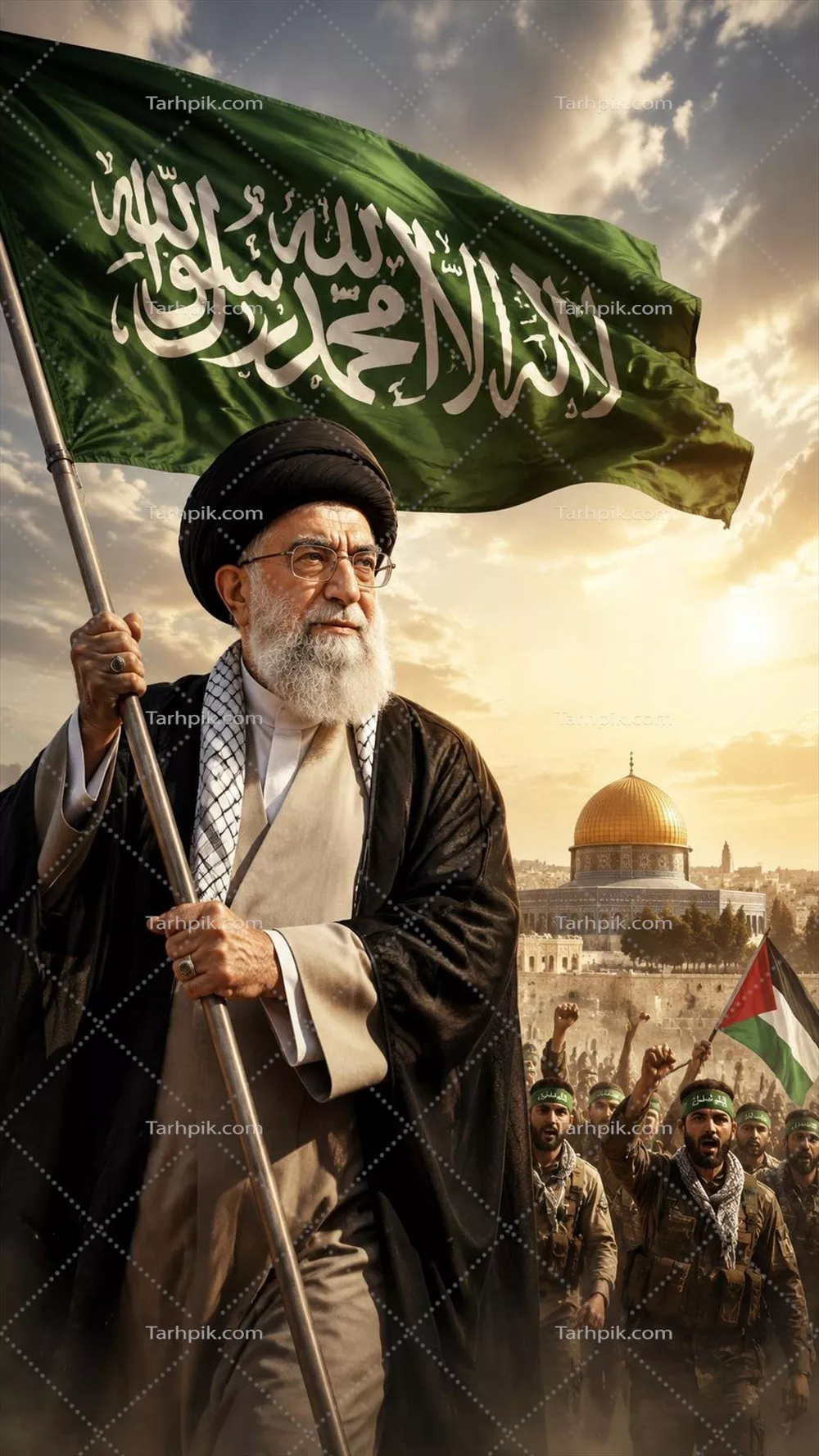 عکس پرچم اسلام در دست رهبر شهید برای آزادی بیت المقدس