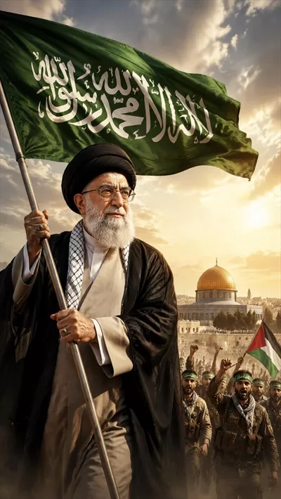 عکس پرچم اسلام در دست رهبر شهید برای آزادی بیت المقدس