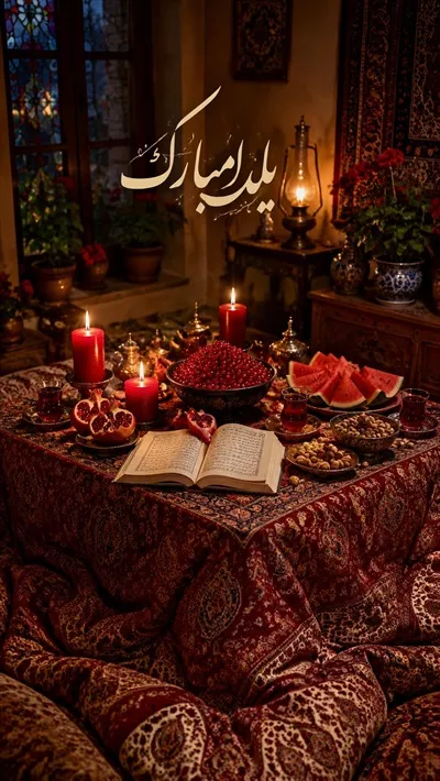 عکس انار، هندوانه، آجیل و دیوان حافظ روی میز با رومیزی سنتی به مناسبت شب یلدا