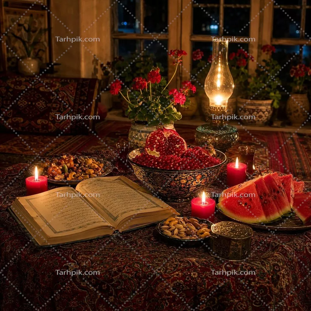 عکس انار، هندوانه، آجیل ودیوان حافظ روی میز با رومیزی سنتی به مناسبت شب یلدا و نوشته یلدا مبارک