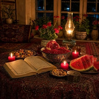 عکس انار، هندوانه، آجیل ودیوان حافظ روی میز با رومیزی سنتی به مناسبت شب یلدا و نوشته یلدا مبارک