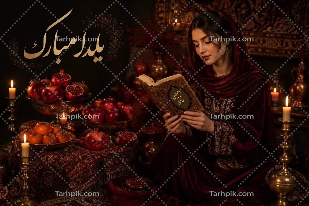 عکس تصویر سازی شب یلدا با استفاده از یک زن در حال حافظ خوانی، انار، هندوانه، آجیل و نوشته یلدا مبارک