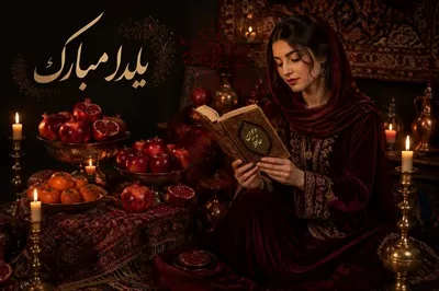 عکس تصویر سازی شب یلدا با استفاده از یک زن در حال حافظ خوانی، انار، هندوانه، آجیل و نوشته یلدا مبارک