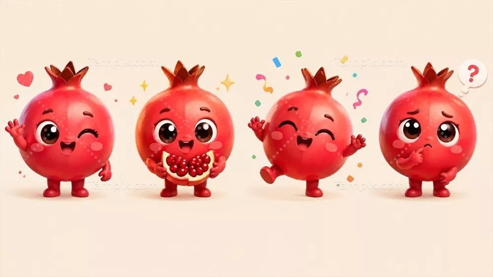 عکس شخصیت کارتونی انار در یک تصویر افقی با طراحی جذاب و رنگارنگ