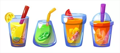 وکتور نوشیدنی یخ دار با طعم لیمو، نعنا و میوه در یک شیشه کارتونی