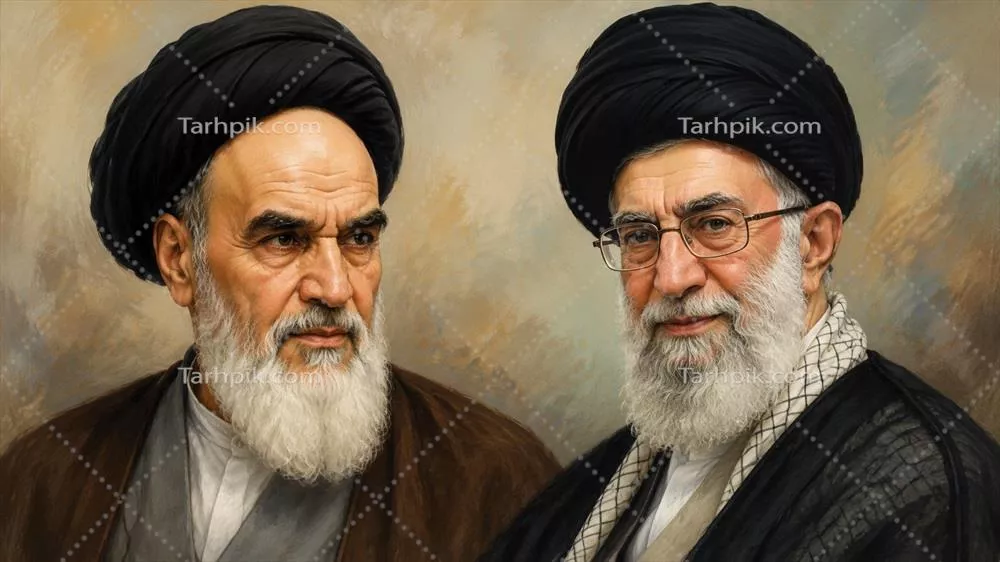 عکس نقاشی سید علی خامنه ای رهبر شهید ایران در کنار روح الله خمینی رهبر انقلاب