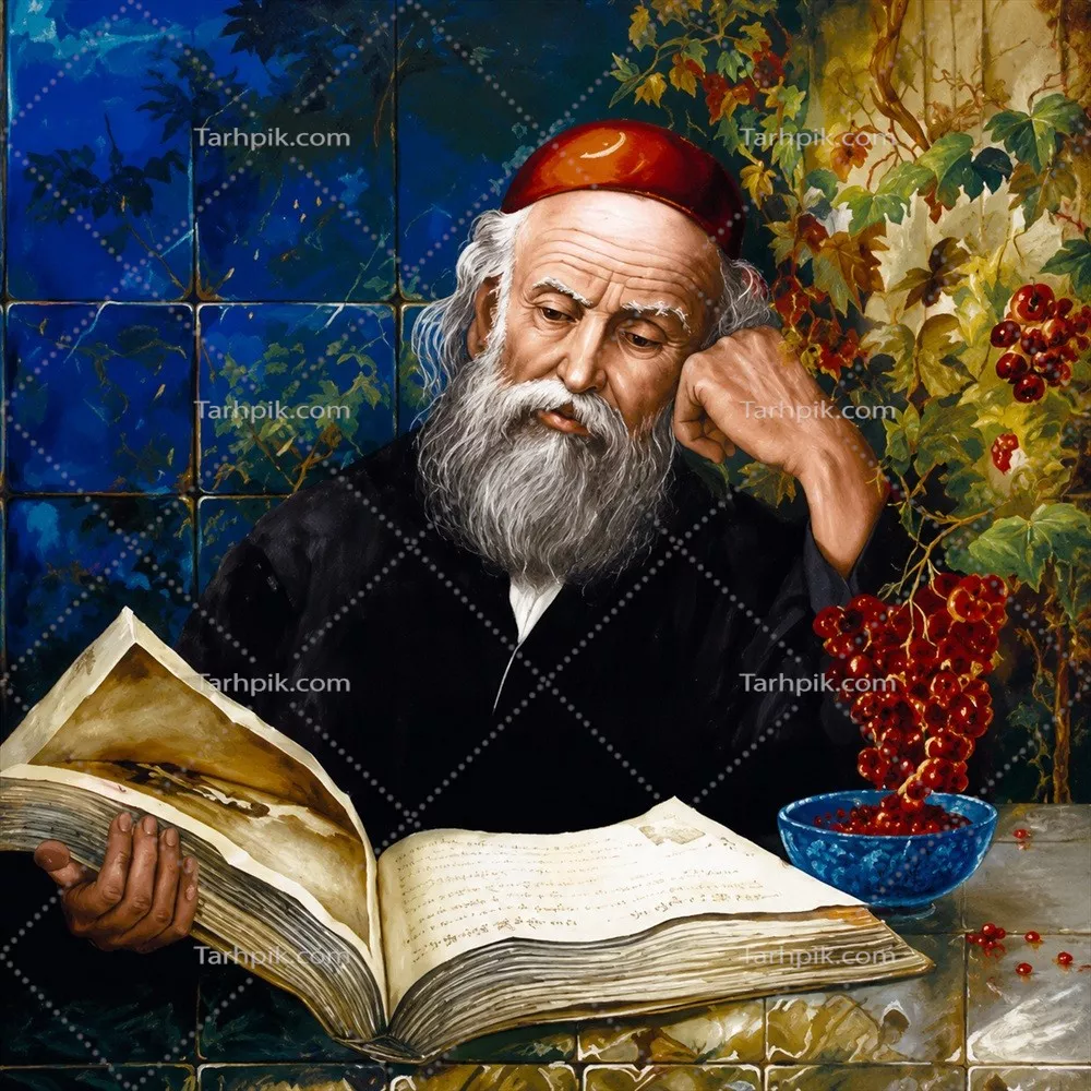 عکس نقاشی شیخ بهاءالدین محمد ملقب به شیخ بهایی در حال خواندن کتاب