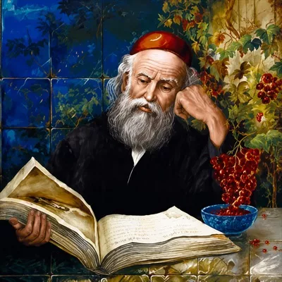 عکس نقاشی شیخ بهاءالدین محمد ملقب به شیخ بهایی در حال خواندن کتاب