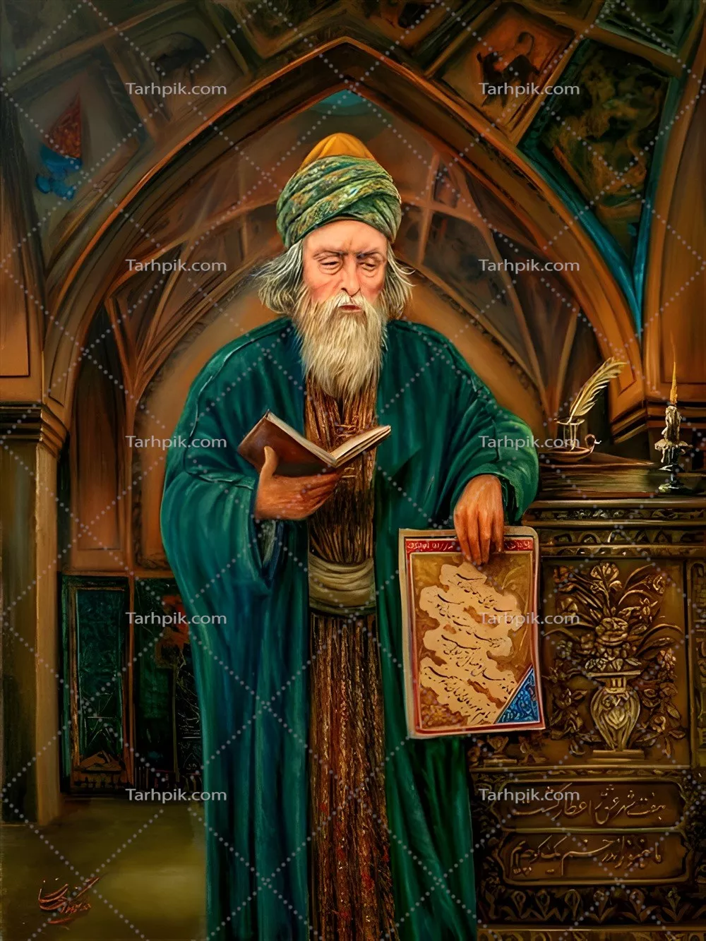 عکس نقاشی عطار نیشابوری در حال خواندن کتاب