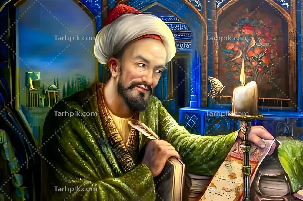 عکس نقاشی مضمون سعدی شیرازی در حال نوشتن رساله