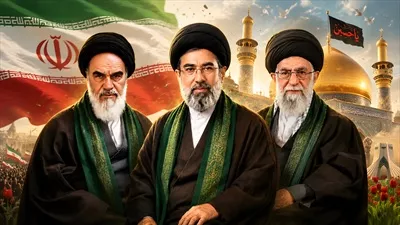 عکس تصویرسازی رهبرانجمهوری اسلامی با پس زمینه پرچم ایران، حرم امام حسین و مردم انقلابی