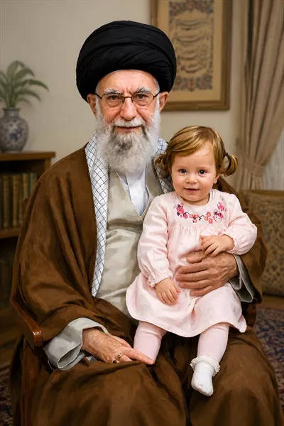 عکس رهبر شهید و نوه شهید در بغل مبارک آن امام بزرگوار