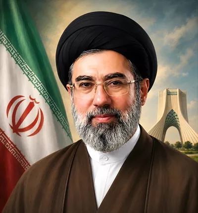 عکس آیت الله مجتبی خامنه‌ای با پس زمینه برج آزادی و پرچم ایران