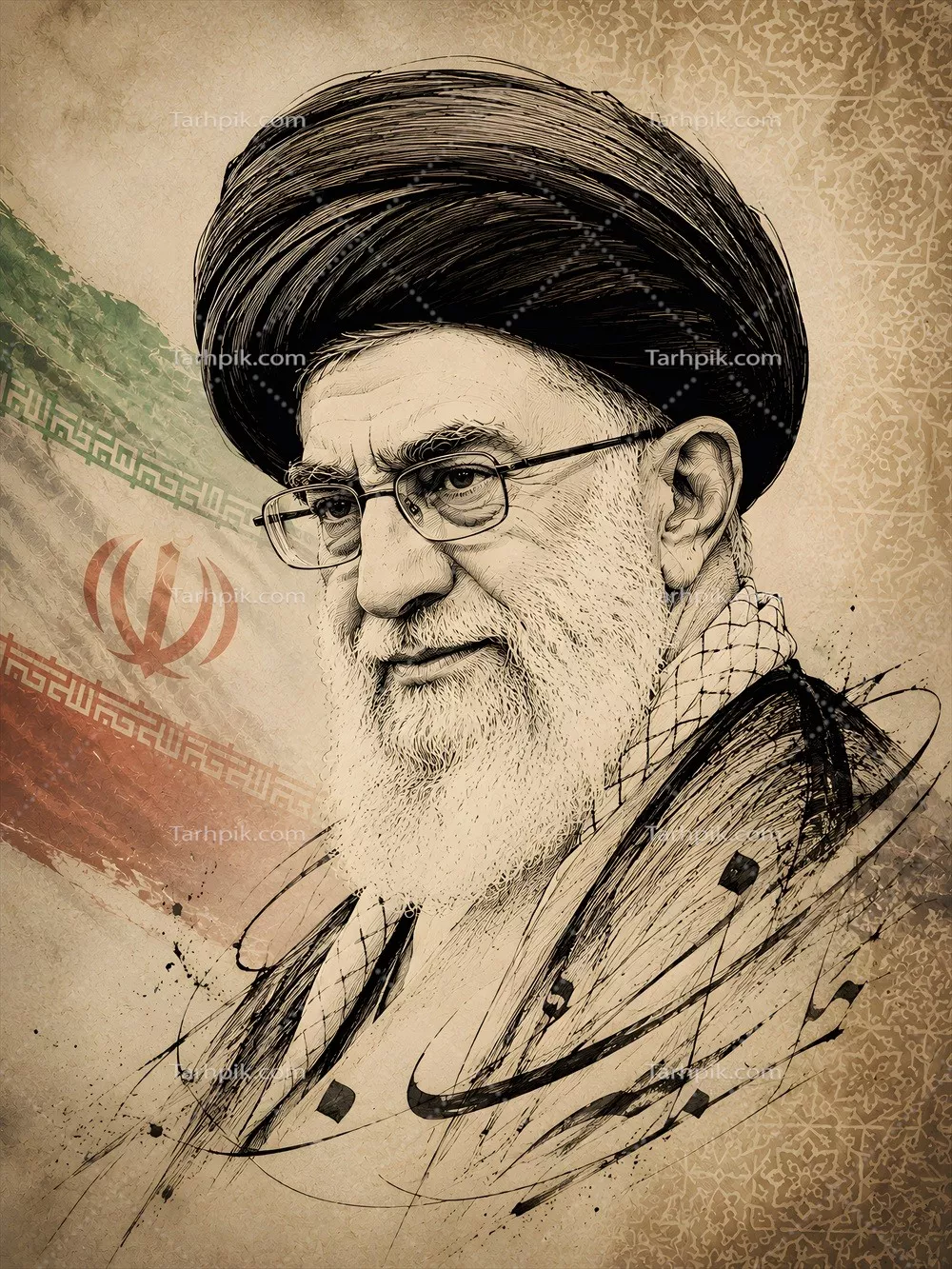 عکس نقاشی گرافیکی علی خامنهای با پرچم ایران: نماد هویت و فرهنگ