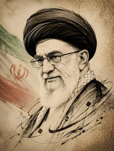 عکس نقاشی گرافیکی علی خامنه‌ای با پرچم ایران: نماد هویت و فرهنگ