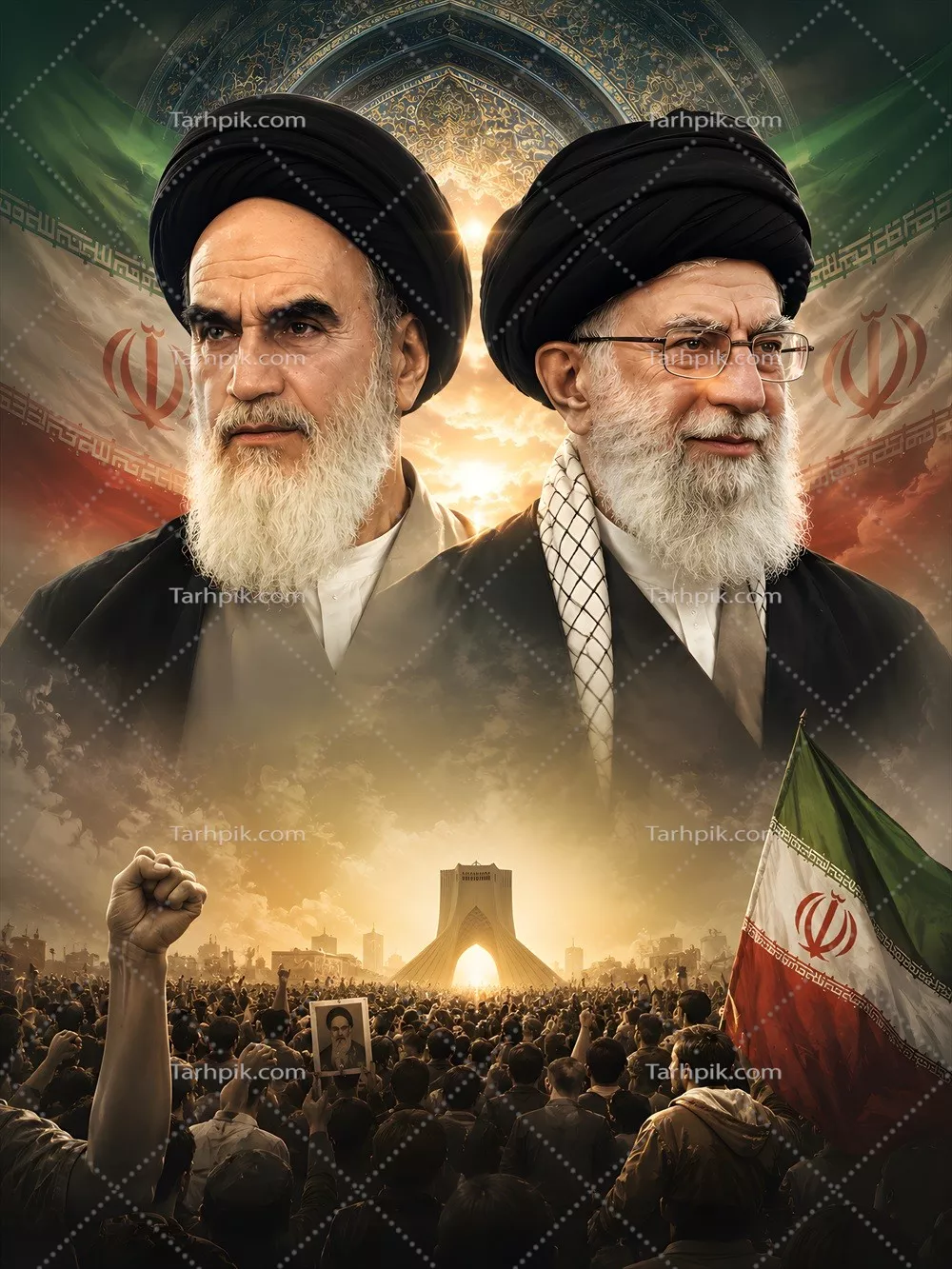 عکس تصویری گرافیکی از امام خامنهای و امام خمینی: نمادها و میراثهای اسلامی