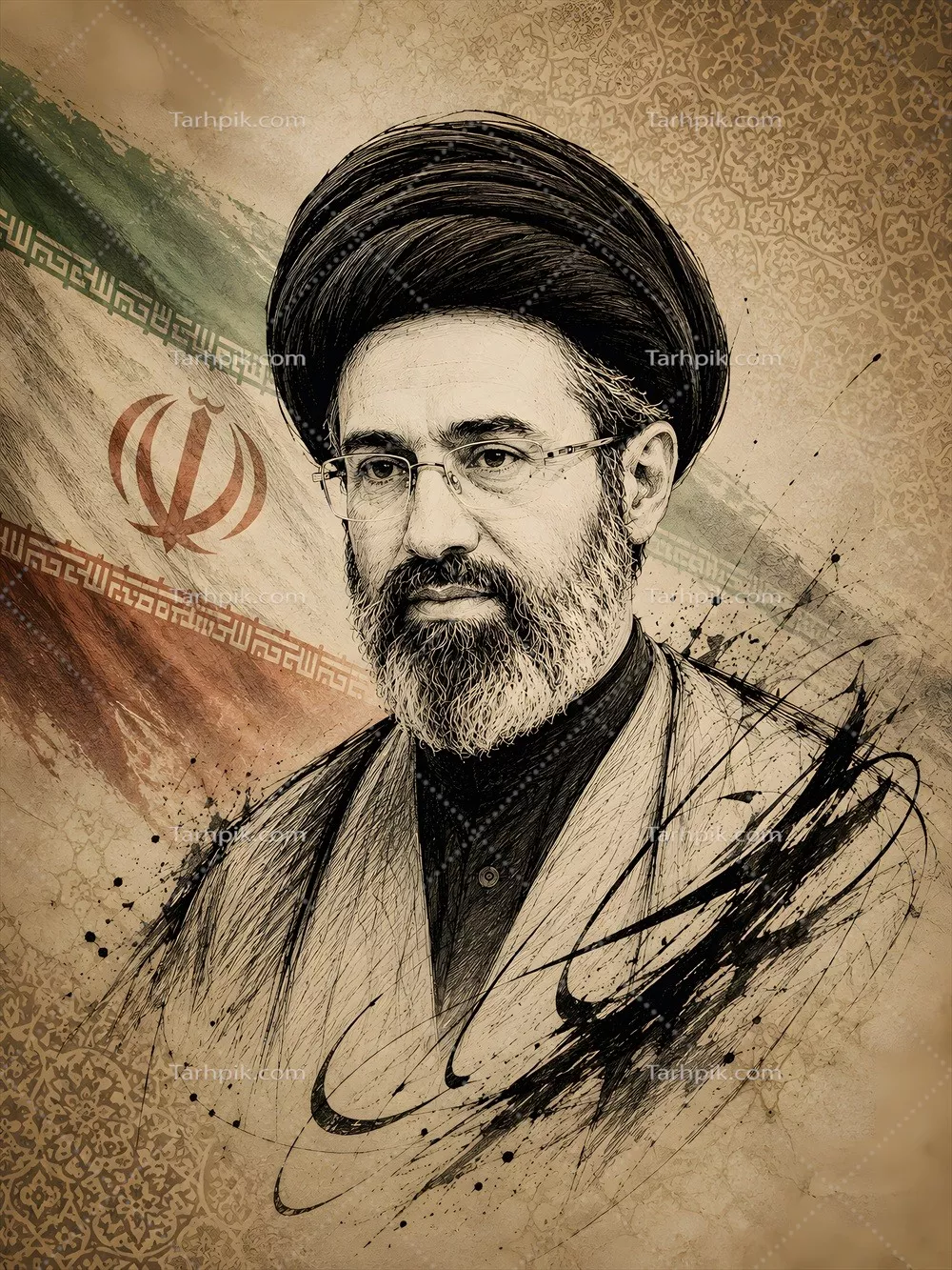 عکس نقاشی گرافیکی سید مجتبی خامنه ای با پرچم – ترکیب هنر و ملیت