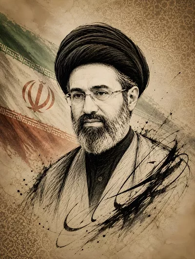 عکس نقاشی گرافیکی سید مجتبی خامنه ای با پرچم – ترکیب هنر و ملیت