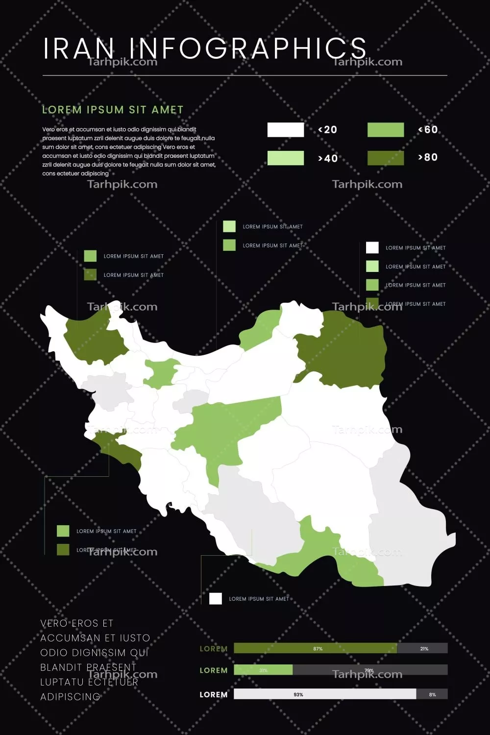وکتور اینفوگرافیک نقشه ایران با طراحی مسطح و رنگ تیره