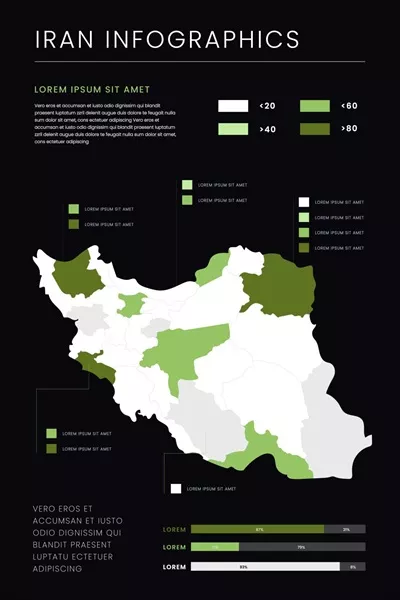 وکتور اینفوگرافیک نقشه ایران با طراحی مسطح و رنگ تیره