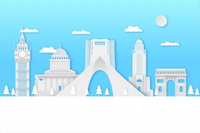 وکتور افق شهرها به سبک کاغذی با آسمان آبی زیبا