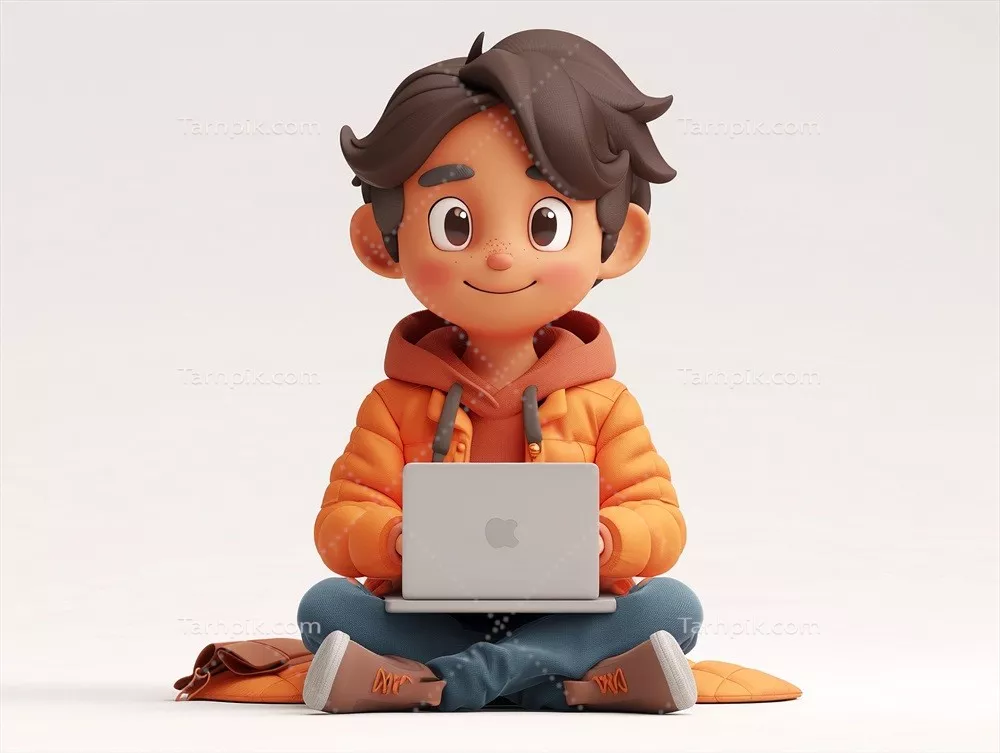 عکس شخصیت مرد سه بعدی با لپ تاپ در حال کار