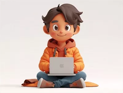 عکس شخصیت مرد سه بعدی با لپ تاپ در حال کار